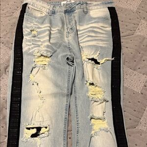 Distressed Light Blue Jeans with Black Stripes